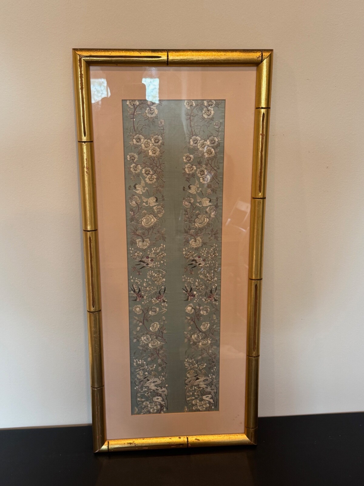 Vtg Antique Chinese Framed Silk Embroidered Textile Birds & Flowers Decoration