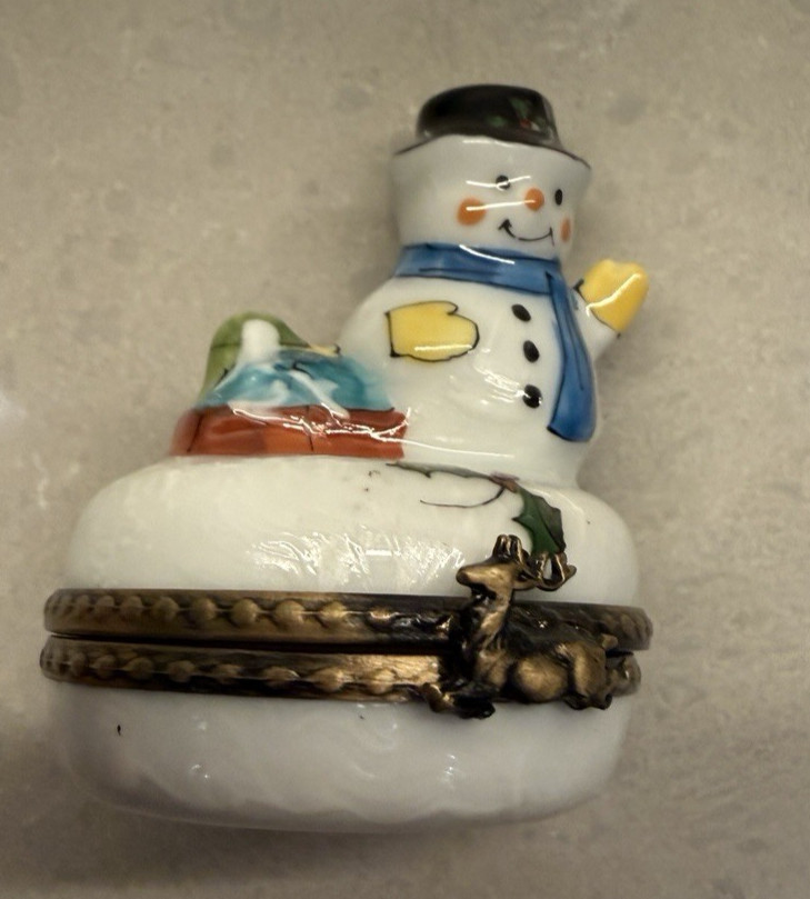 LIMOGES SNOWMAN TRINKET BOX PEINT MAIN FRANCE NEW