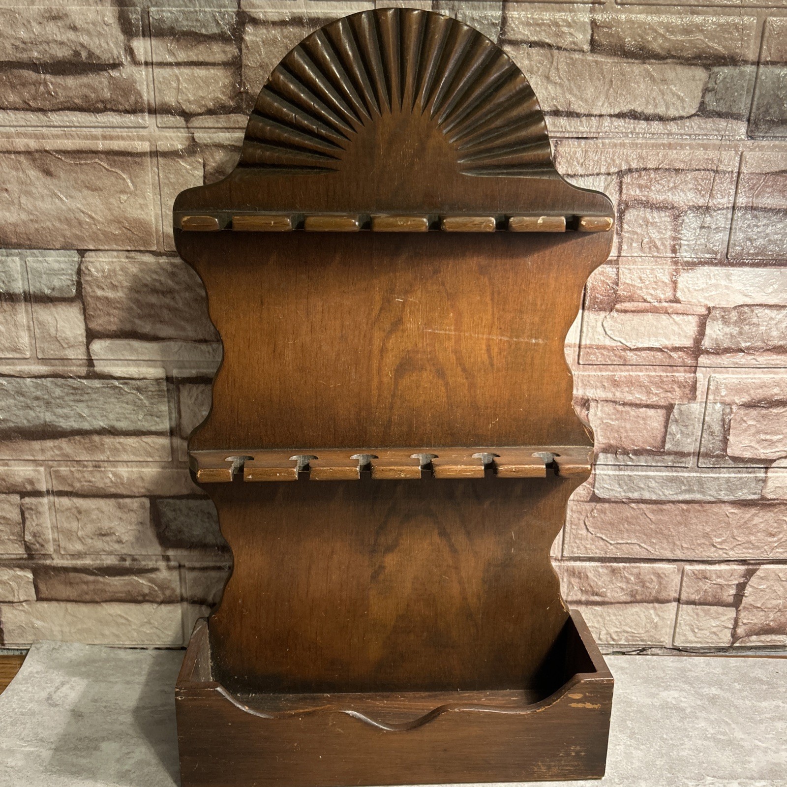 Vintage Wooden Spoon Rack Wall Display Case Carved Sunburst Planter Trough
