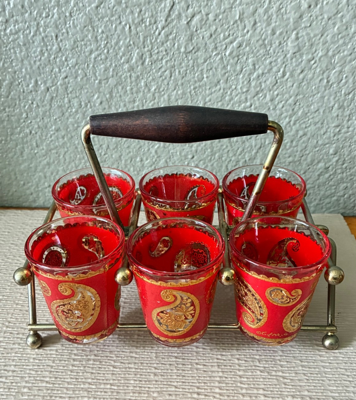 Vintage MCM Culver Red Shot Glass Set with Paisley 22K Gold Accents