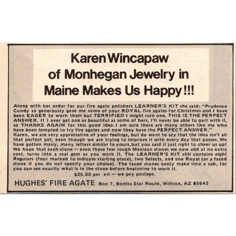 Hughes\' Fire Agate Karen Wincapaw of Monhegan Jewelry Willcox AZ 1977 Ad SAI6-1