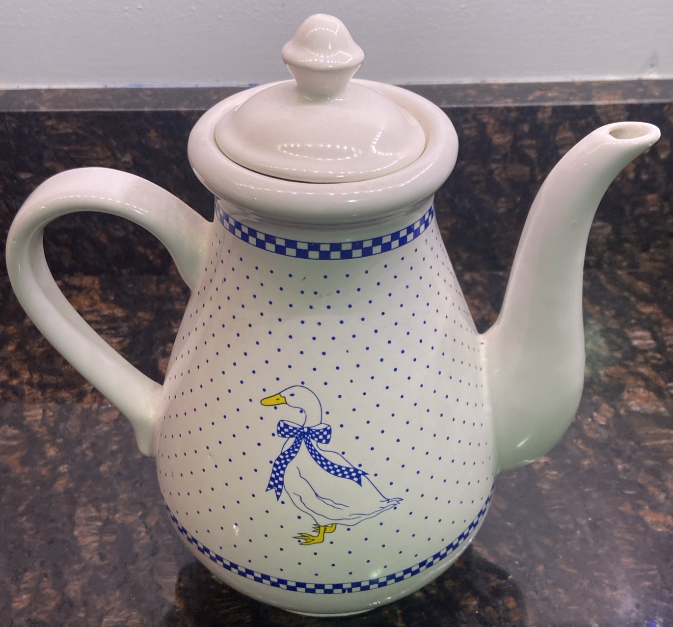 Vintage Farmhouse Ceramic Country Goose w/ Blue Bow Tea Pot