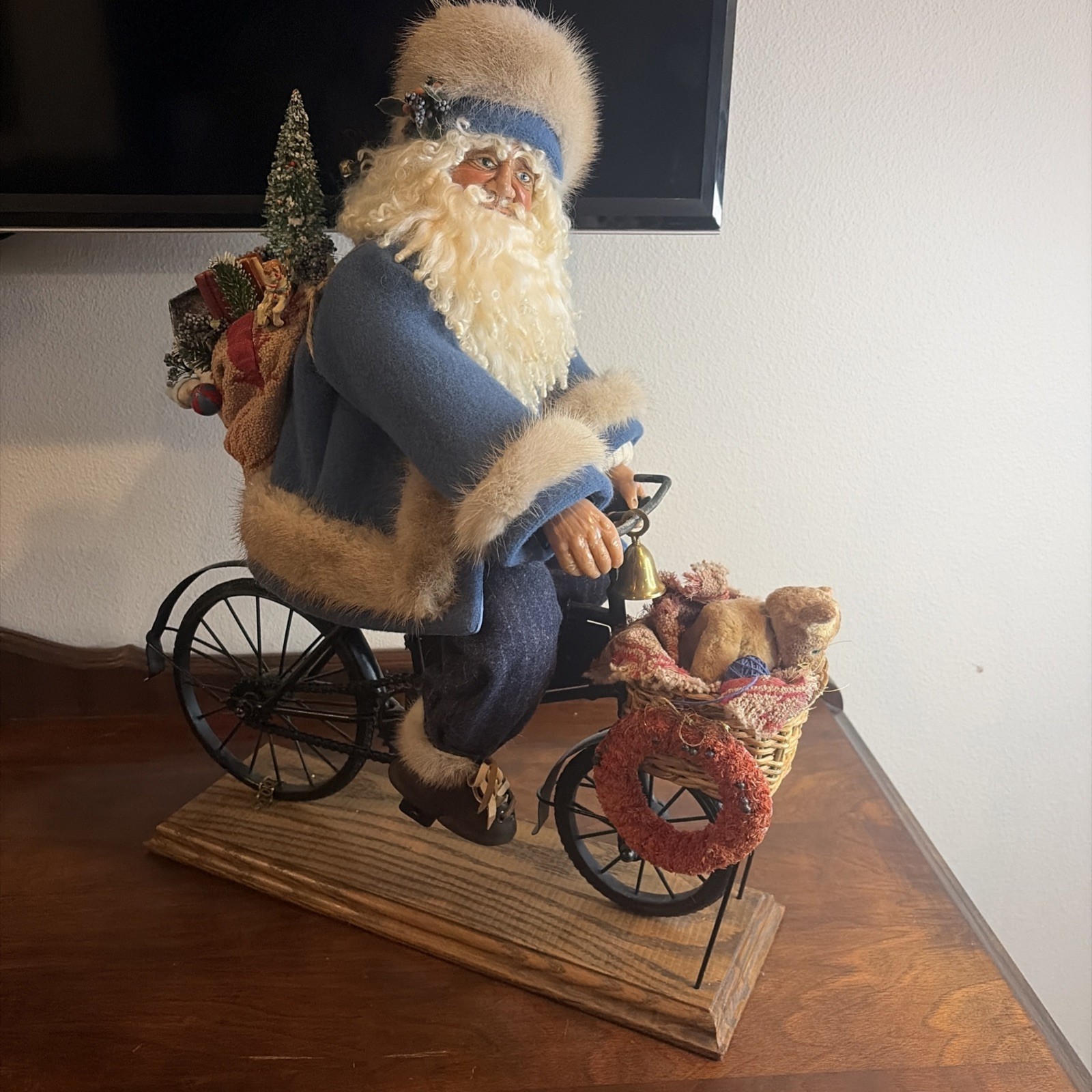 VTG Old World Santa Clause Riding Bicycle, Large 20”x22” Christmas Decor
