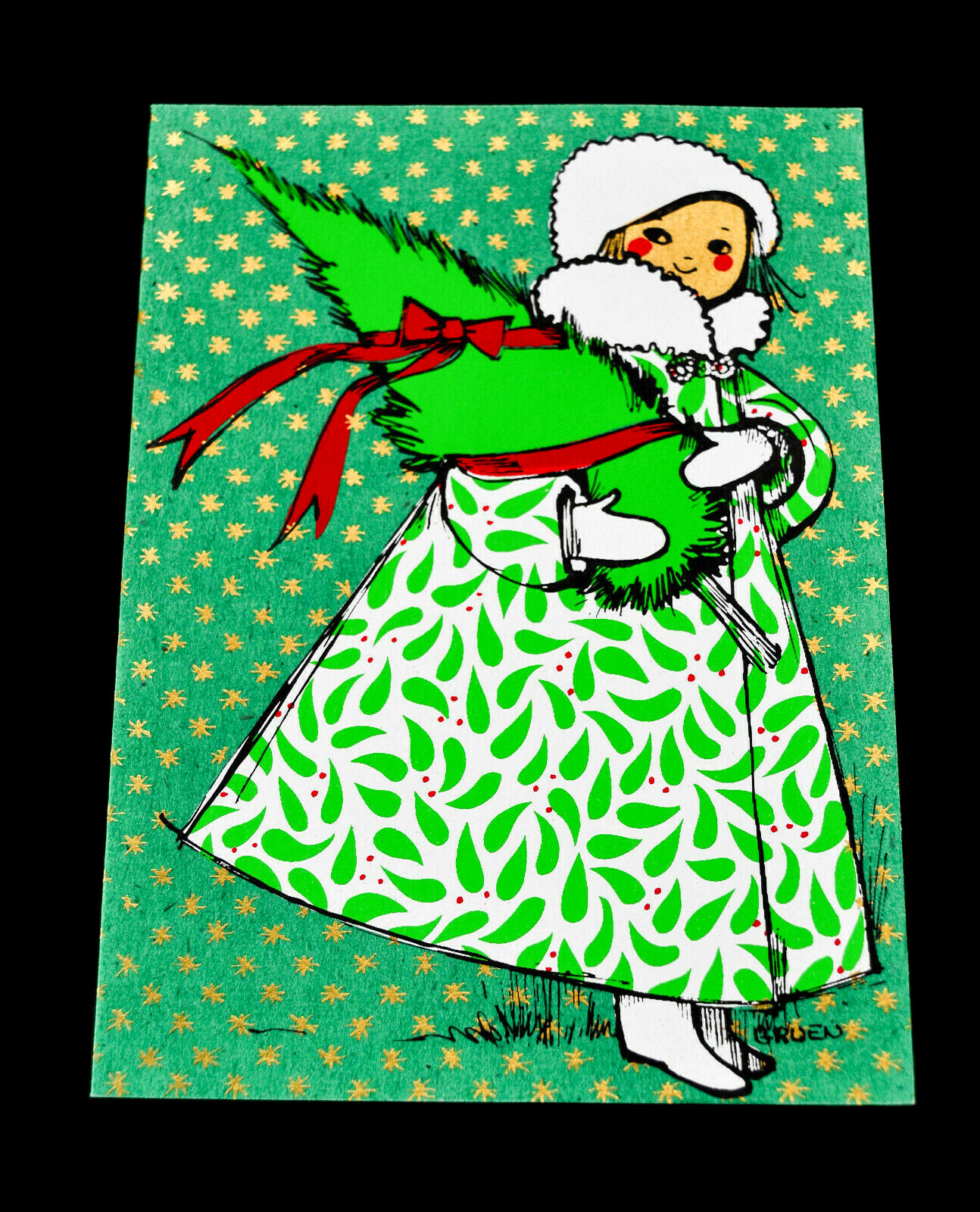 ADORABLE MID CENTURY SILKSCREEN CHRISTMAS CARD W/ENV. BY CHUCK GRUEN-NOS