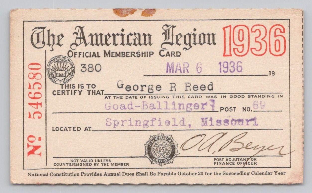 1936 American Legion Membership Card, Springfield, Missouri MO 1936 American Legion Membership Card, Springfield, Missouri MO