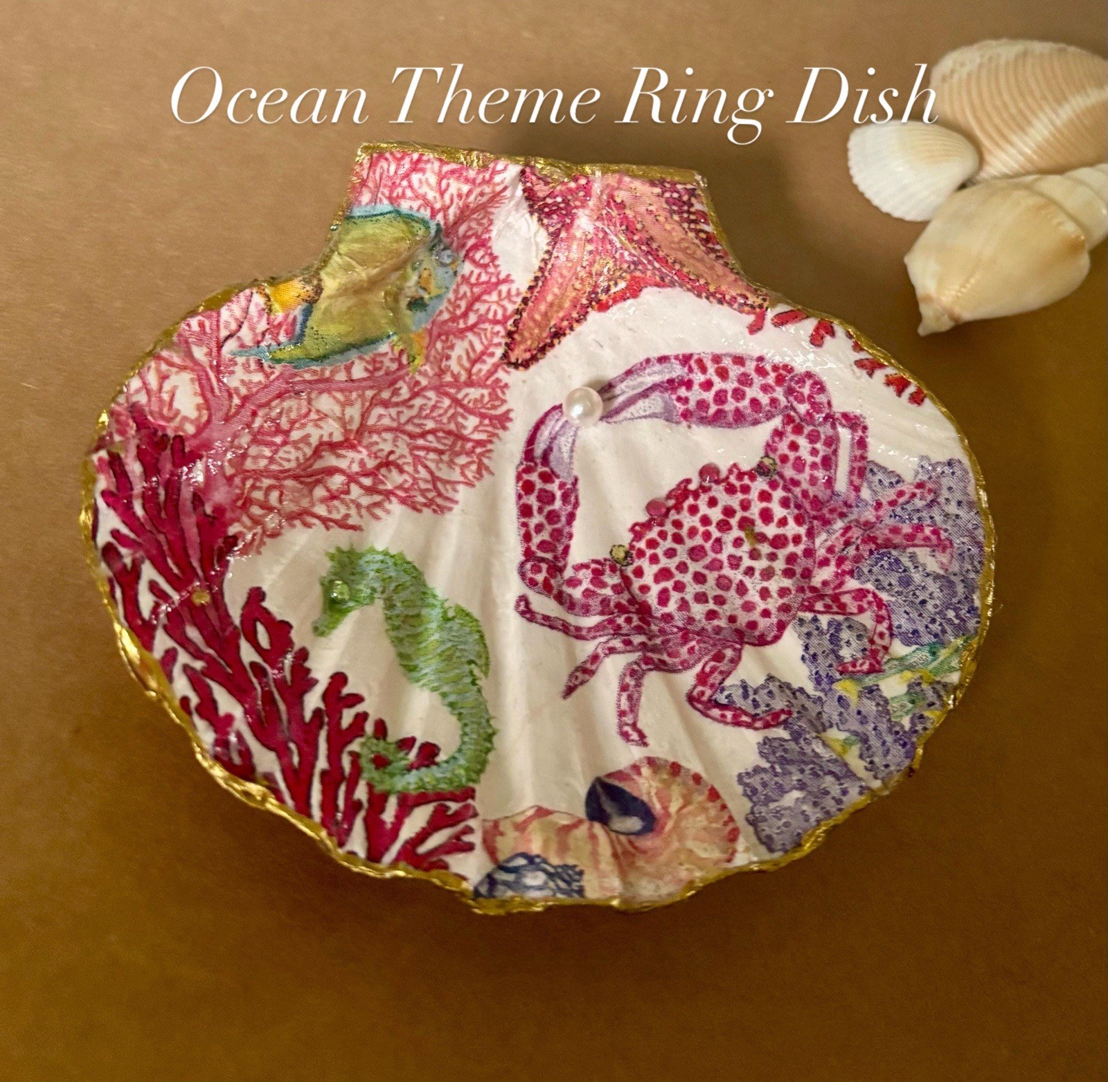 Sea Life Trinket/Ring Dish, Decoupaged Shell, Rhinestones, Pearl Beach Decor Sea Life Trinket/Ring Dish, Decoupaged Shell, Rhinestones, Pearl Beach Decor