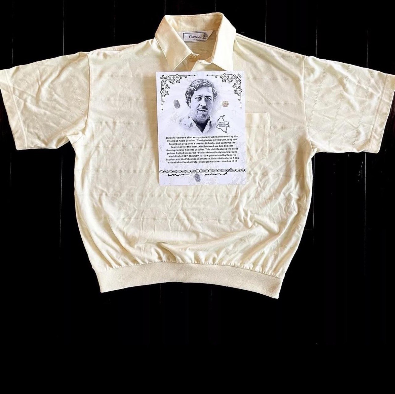 Pablo Escobar PERSONALLY OWNED WORN Shirt Celebrity Owned COA SIGNED AUTOGRAPH