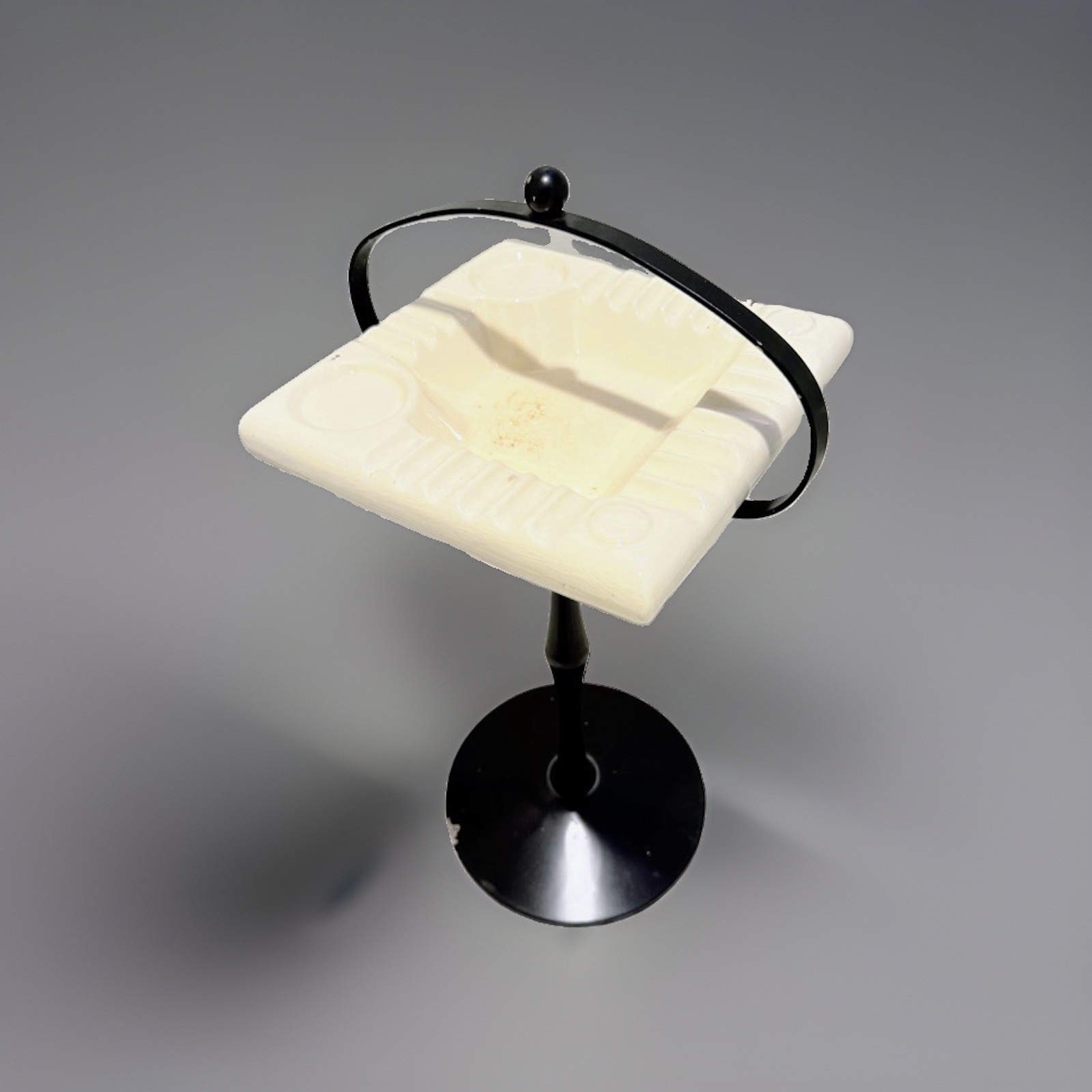 Vintage Freestanding Ashtray Stand White Square Dish, Black Pedestal Metal Base