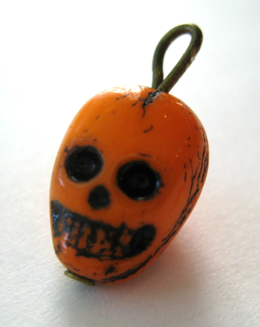 VTG New Old Stock Czech Orange Glass SKULL Charm Cracker Jack Halloween