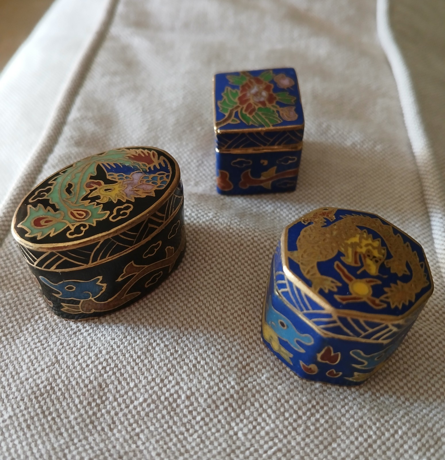 Vintage Cloisonné Enamel Pill Boxes: Phoenix, Floral Designs, Set of 3