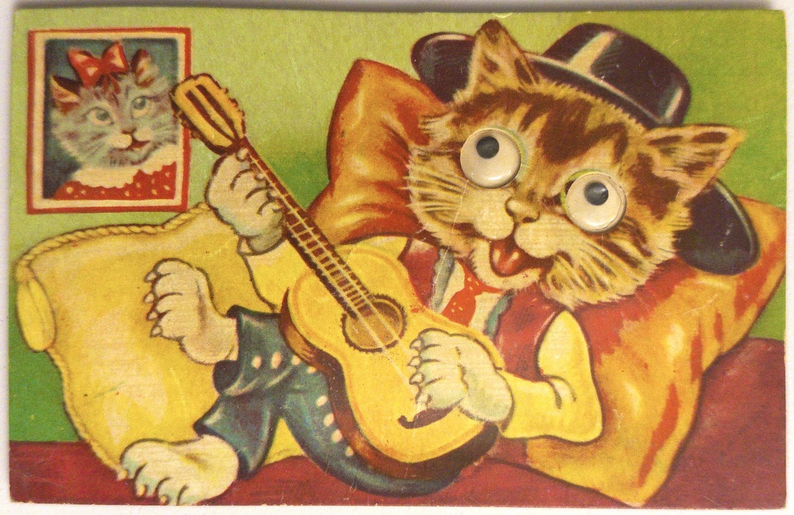 Vintage Souvenir Cat Guitar Squeaky Googly Eyes Postcard 