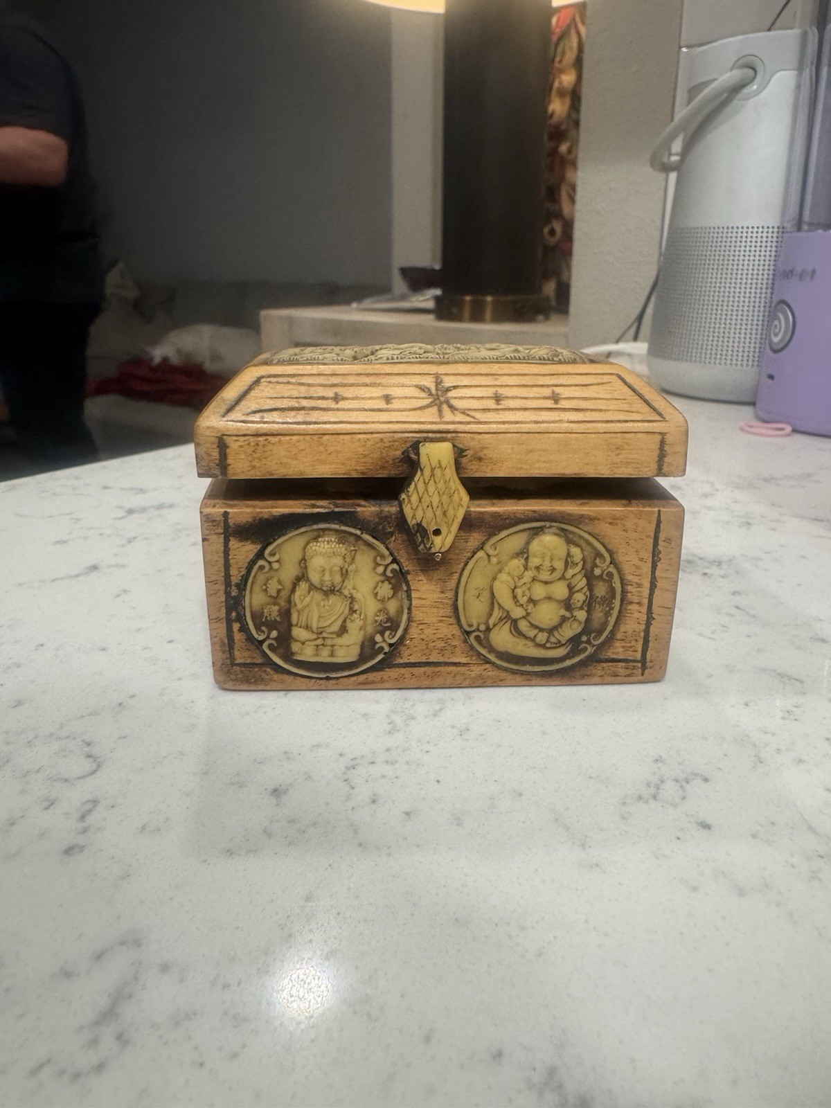 Antique Hand Carved Wooden Box with Dragon Motif and Other Figures