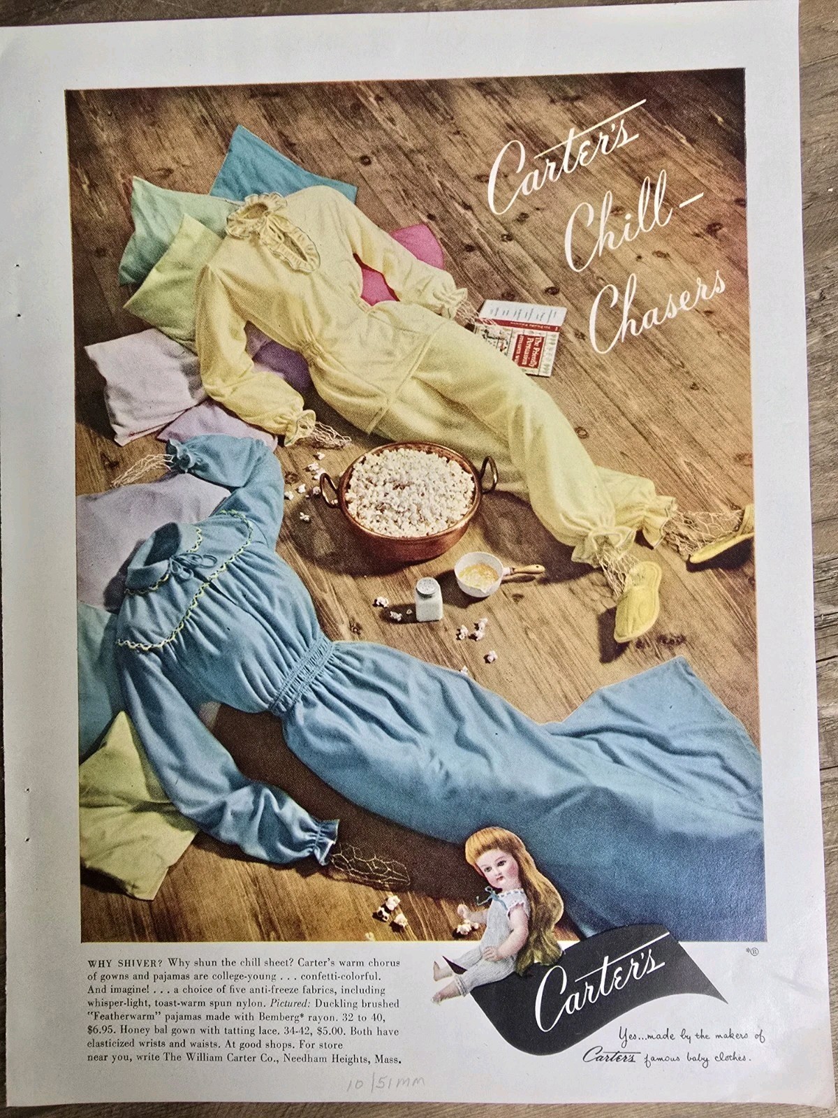 1951 Women\'s Carter\'s Pajamas Gown Chill Chasers Lingerie Vintage fashion ad