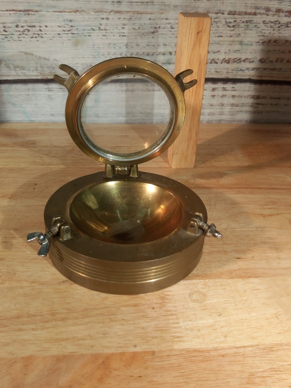 Vintage Nautical Antique Brass Glass Port Hole Trinket box Paper Weight Ash Tray
