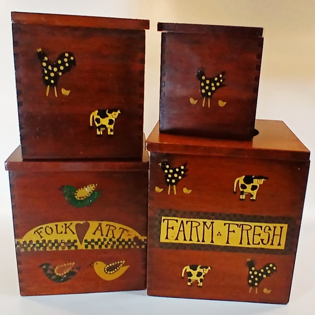 Vintage Wood Kitchen Canister Set Dovetail Lids Farm Fresh Folk Art Storage VGUC