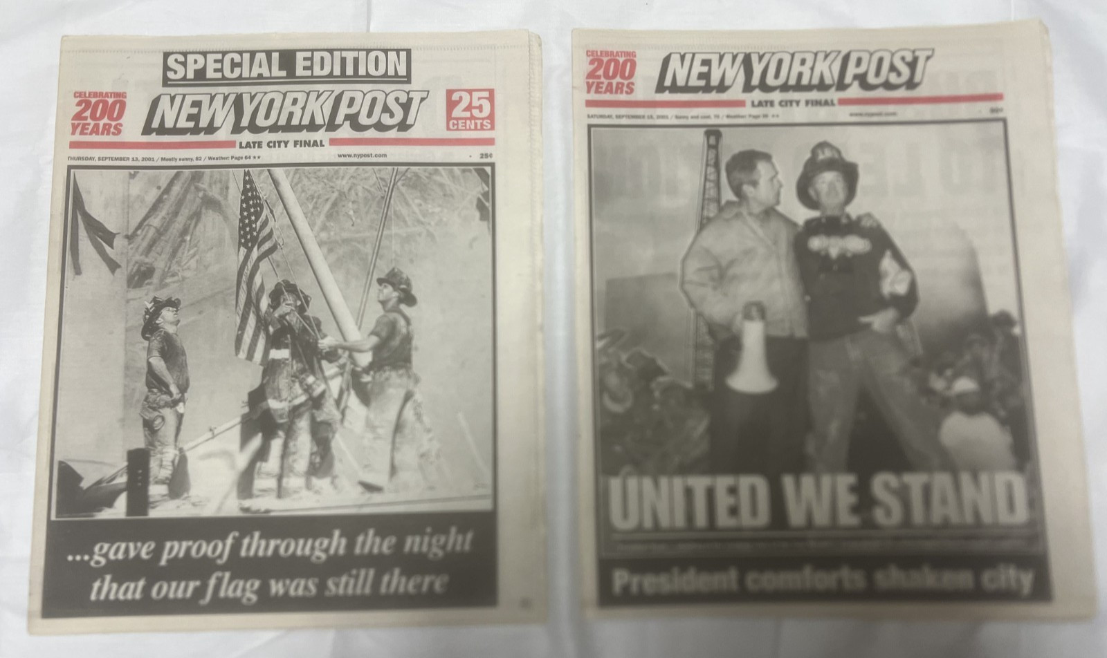 (2) NY POST  SEPTEMBER 13, 15 2001 FDNY FLAG RAISING/ President Bush 9-11 WTC