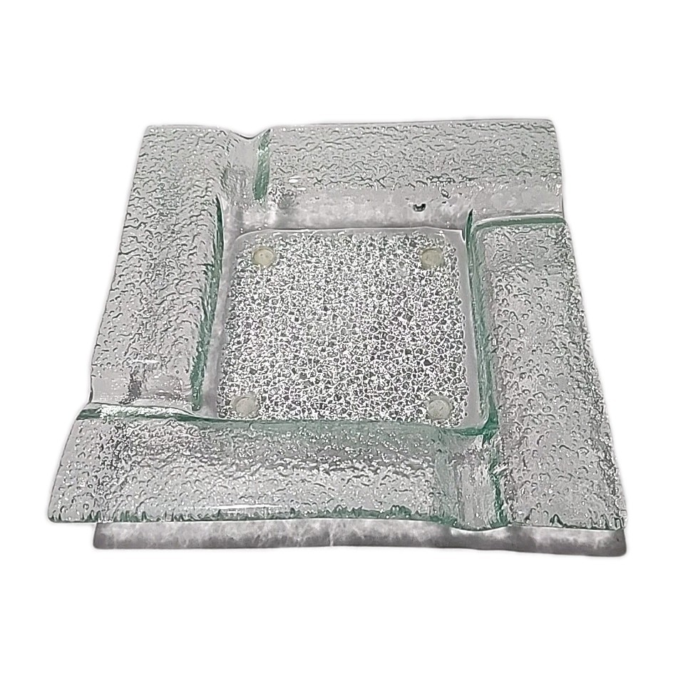 Vintage Textured Ice Glass Square Ashtray Heavy Clear Pebbled Glass 8.5 Inch
