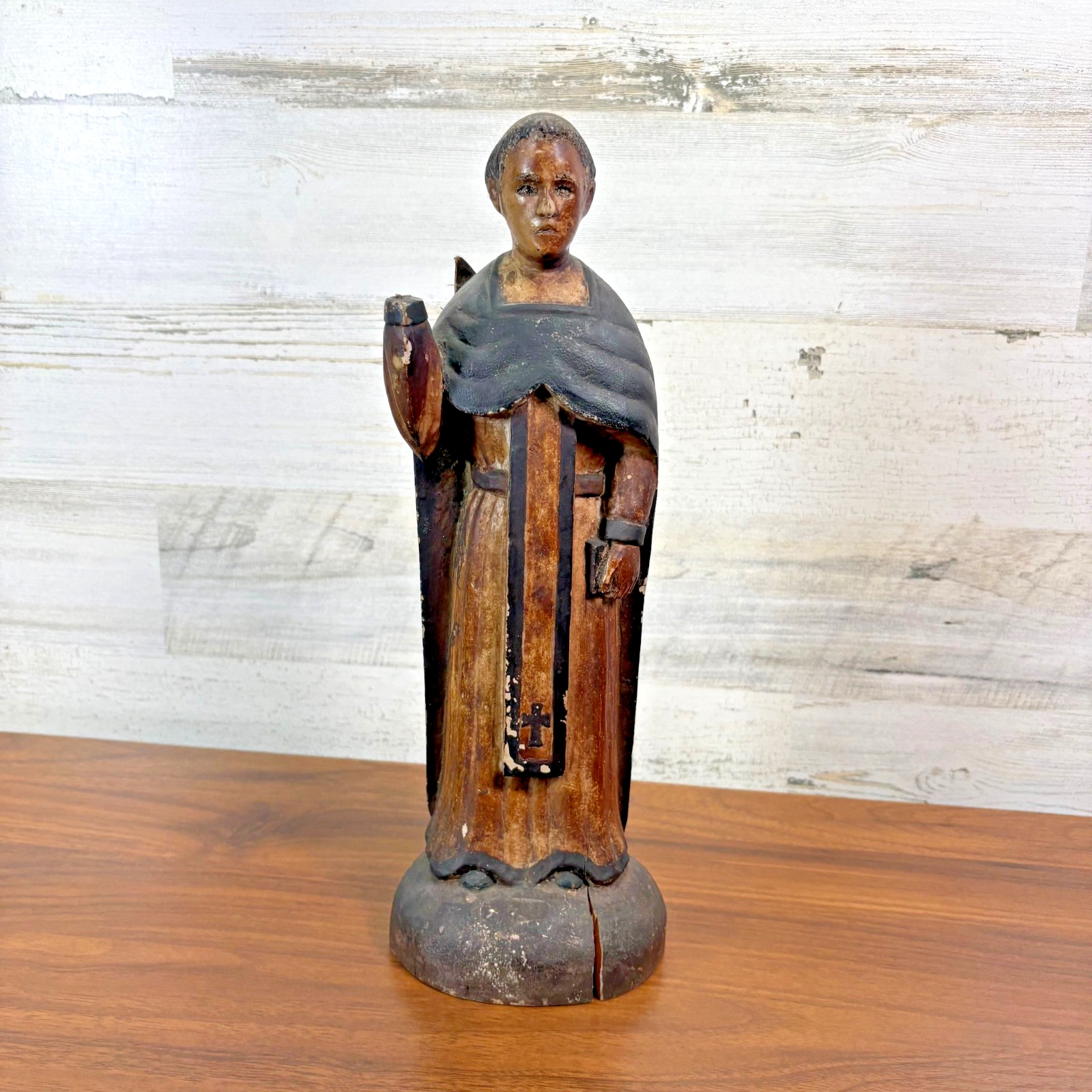 Antique St Vincent Ferrer Polychrome Carved Santos Wood Statue 13.5\