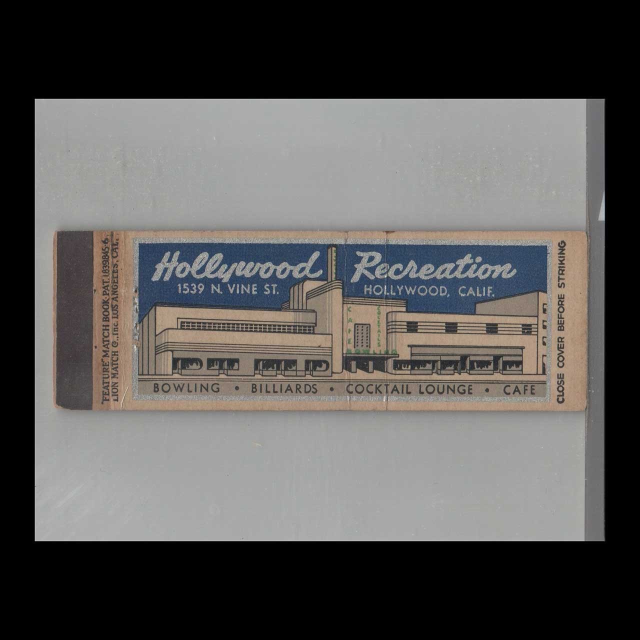 Matchbook Cover Full Length Hollywood Recreation Bowling Hollywood, CA