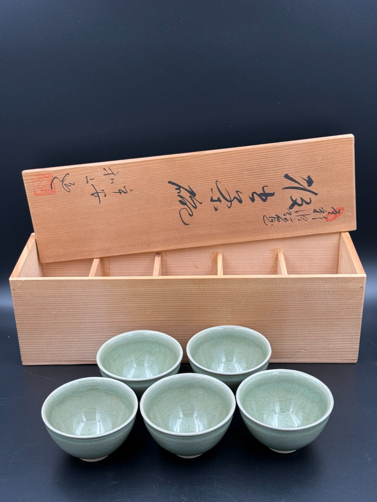 Kato Risho III Kyoto Kiyomizu Celadon Crackle Kumidashi Sencha Tea Cup Set 5 Box