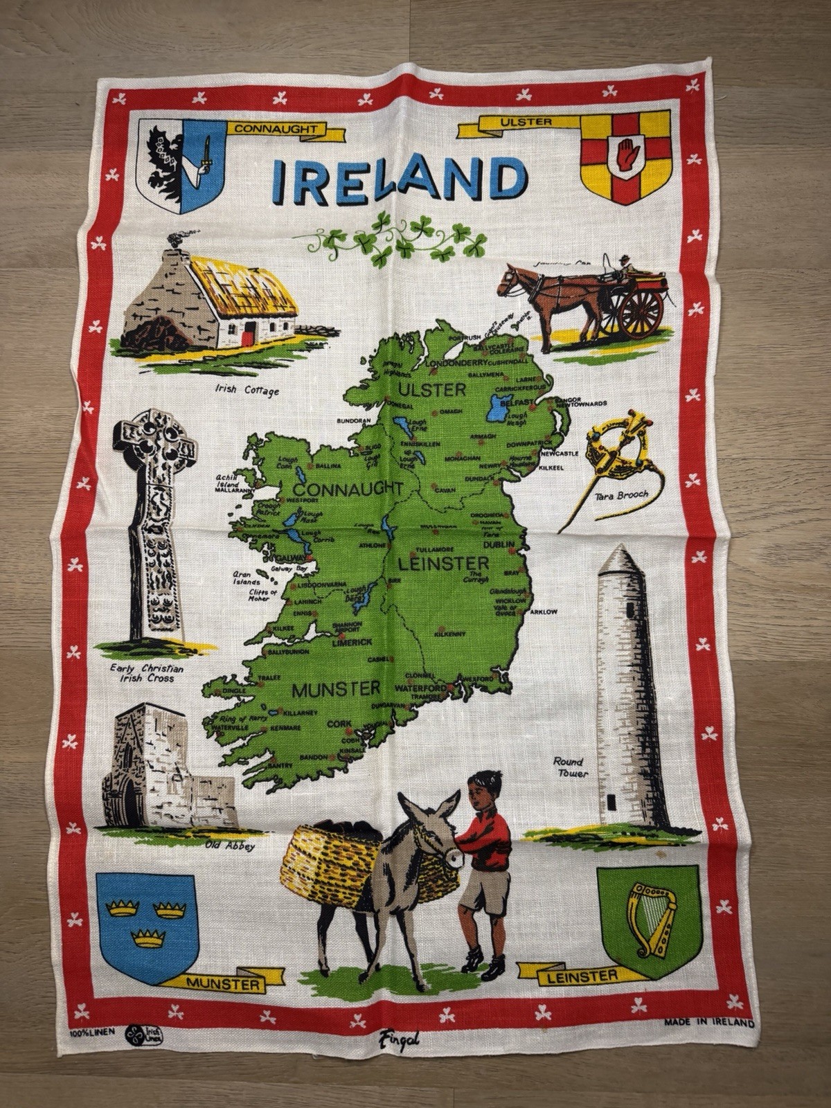 Vintage Fingal Ireland Map Tea Towel 100% Irish Linen Made in Ireland 20x30