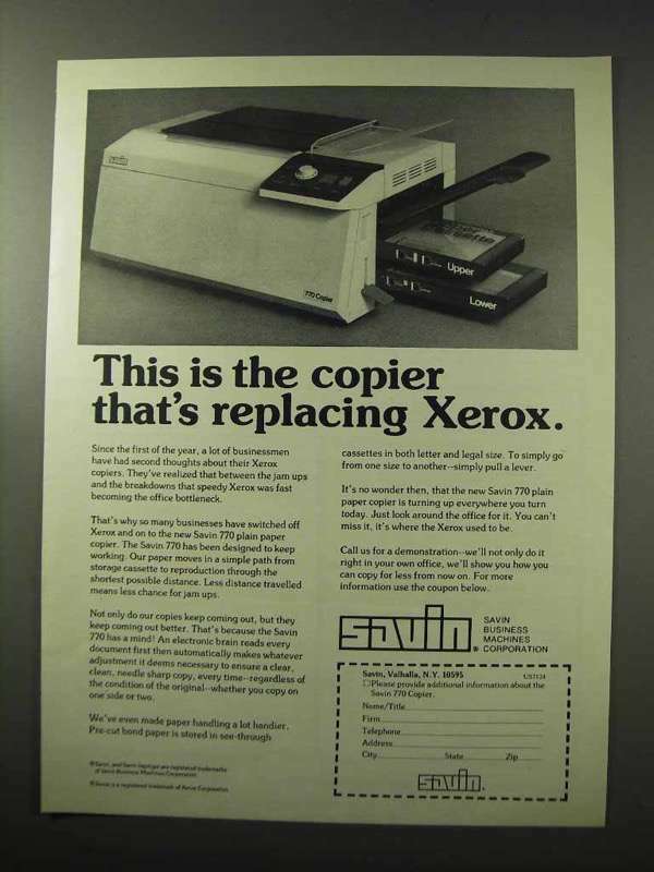 1977 Savin 770 Copier Ad - Replacing Xerox 1977 Savin 770 Copier Ad - Replacing Xerox