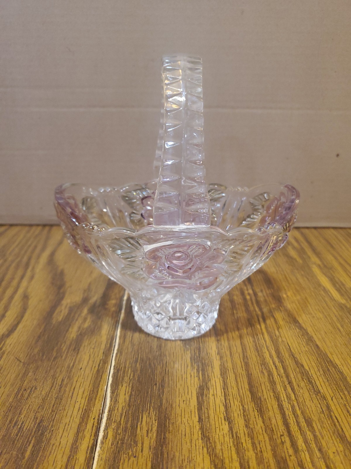 Vtg Crystal Basket With Pink Roses Handcut 24% Lead Crystal Made in West Germany