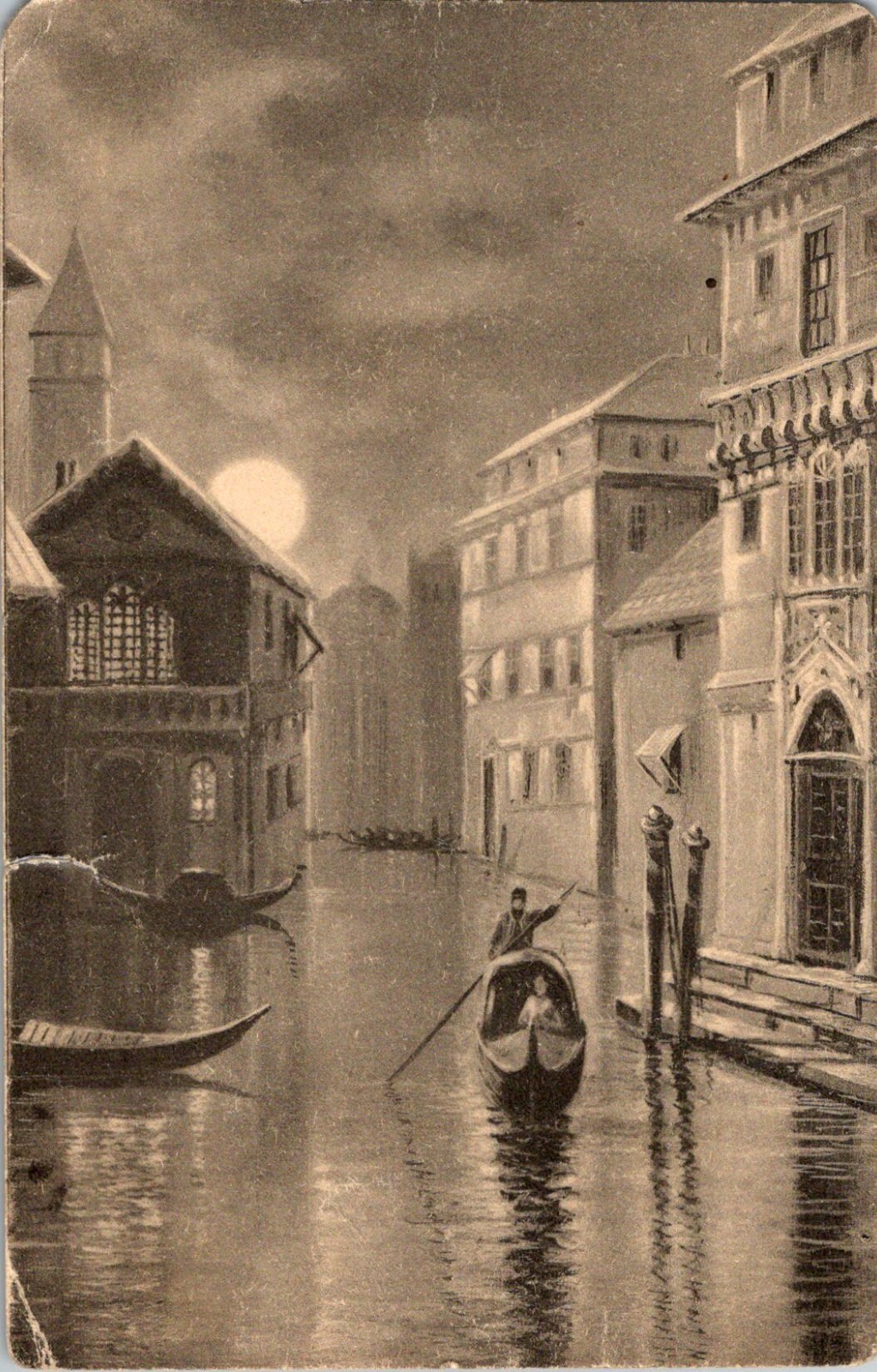 Venice Italy Canal Moonlight Night Scene Gondola Divided Back Postcard c1913