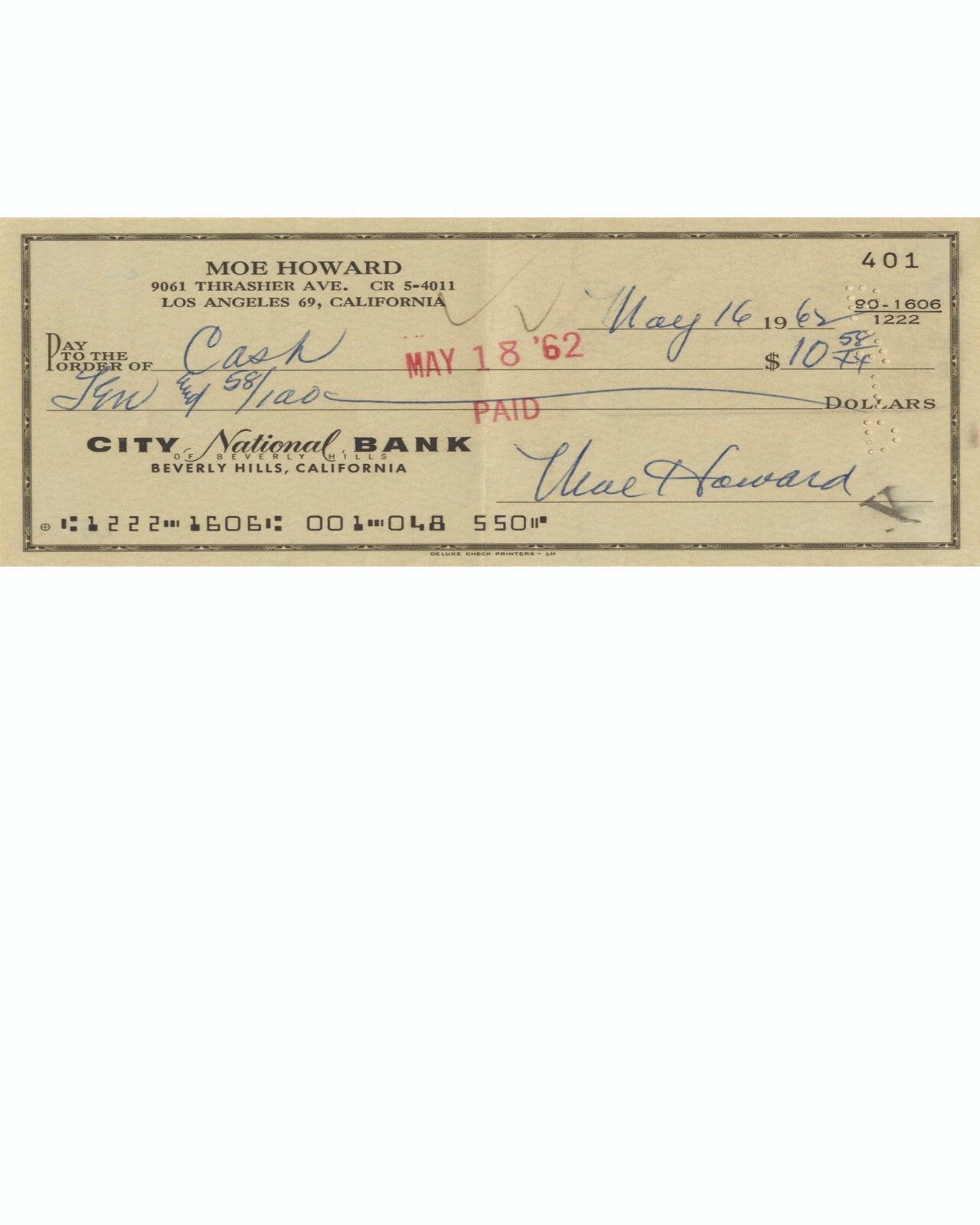 Moe Howard Reproduction Cancelled Check and 8 x 10 Photo