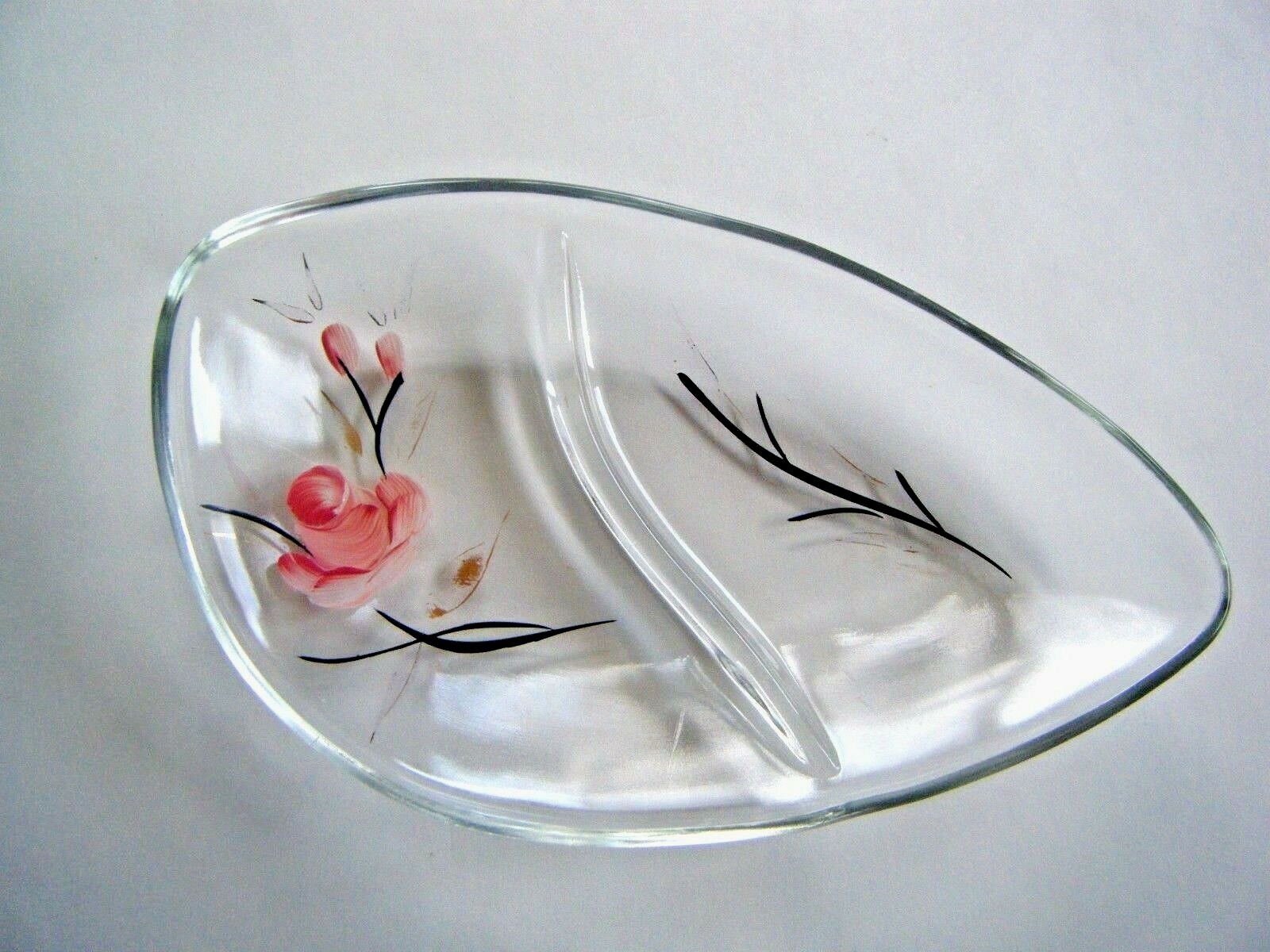 Mid Century Divided Dish Hand Painted Pink Rose Clear Glass Candy Relish 