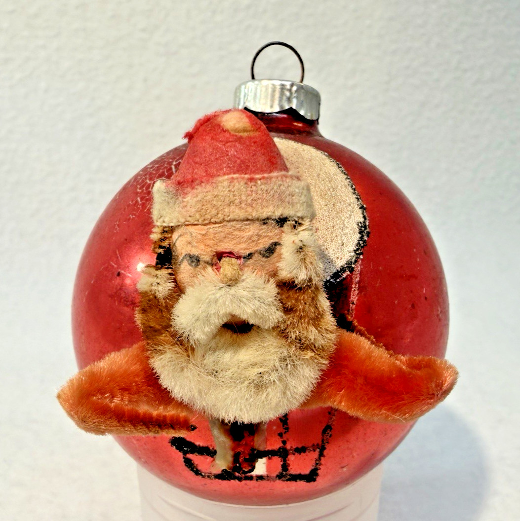 Unusual Vintage 3D Chenille Santa in Glitter Balloon Glass Christmas Ornament
