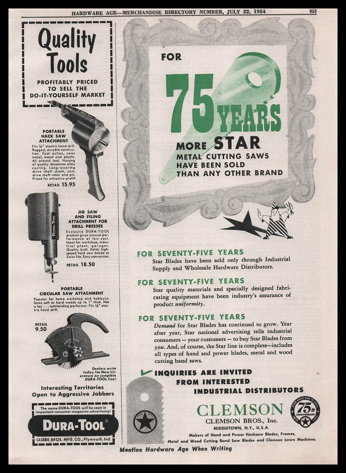 1954 Clemson Brothers Metal Cutting Saws Middletown New York Vintage Print Ad 1954 Clemson Brothers Metal Cutting Saws Middletown New York Vintage Print Ad