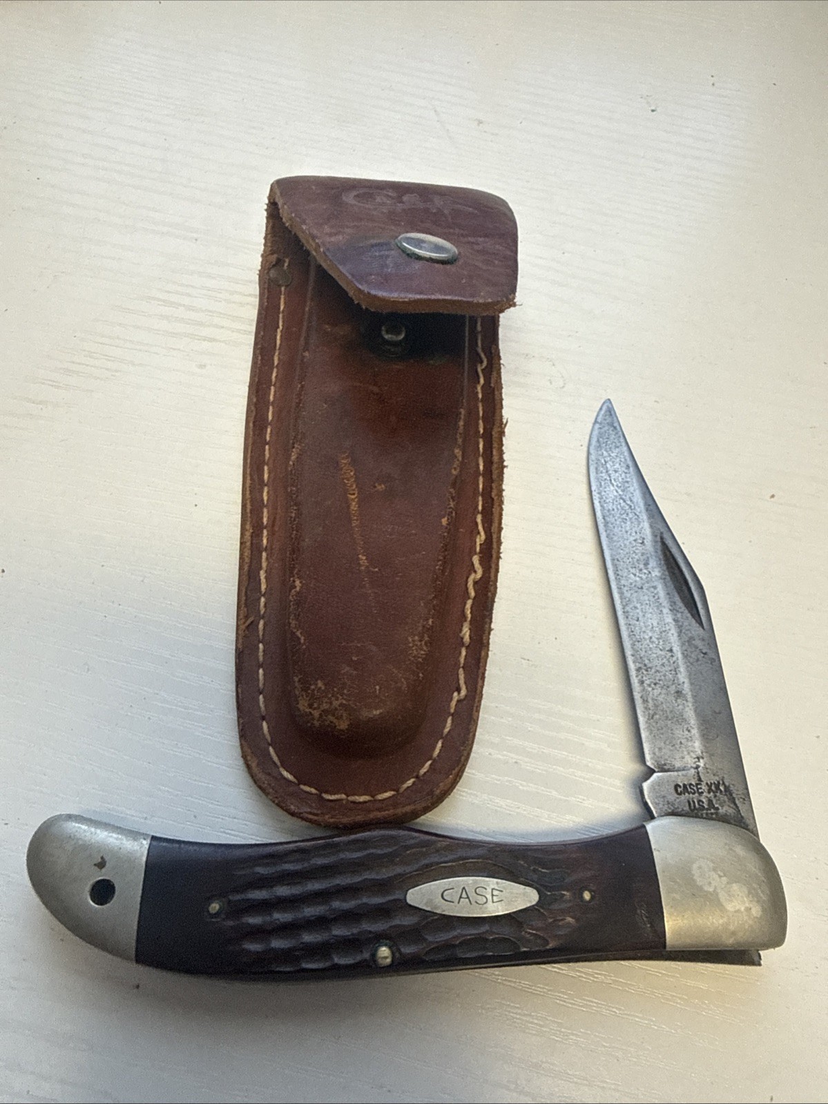1975 Case XX USA 6165 SAB Folding Hunter 5 Dot Vintage Knife w/ Sheath