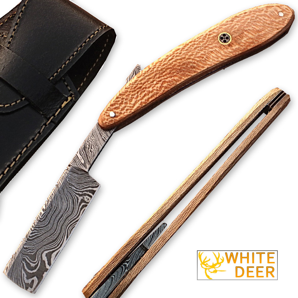 WHITE DEER Damascus Steel Straight Razor w/ Olive Wood Handle Hand Shaving WHITE DEER Damascus Steel Straight Razor w/ Olive Wood Handle Hand Shaving