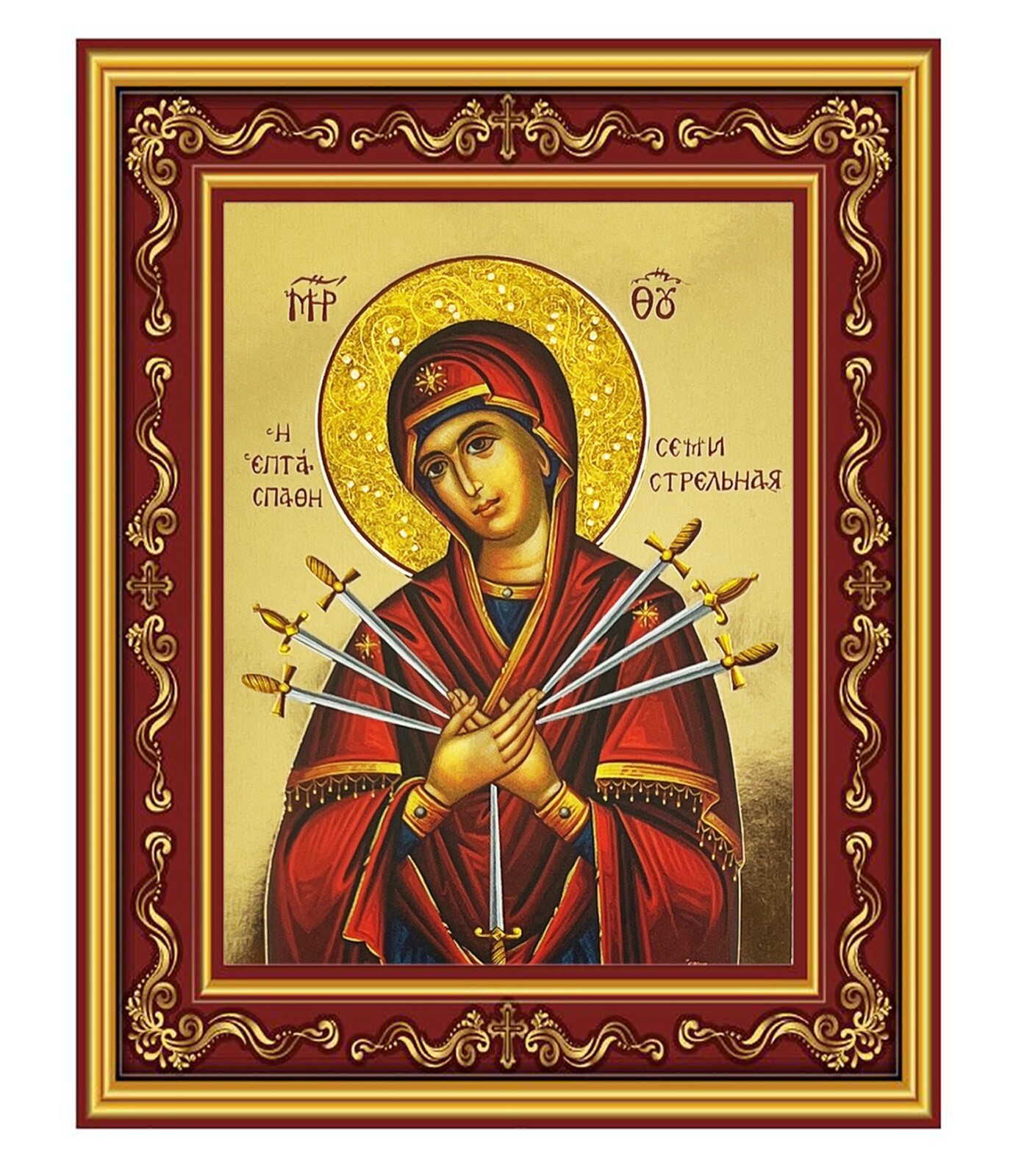 Virgin Mary The Seven Swords Seven Sorrows - Greek Byzantine Icon Gilded  5 1/2\