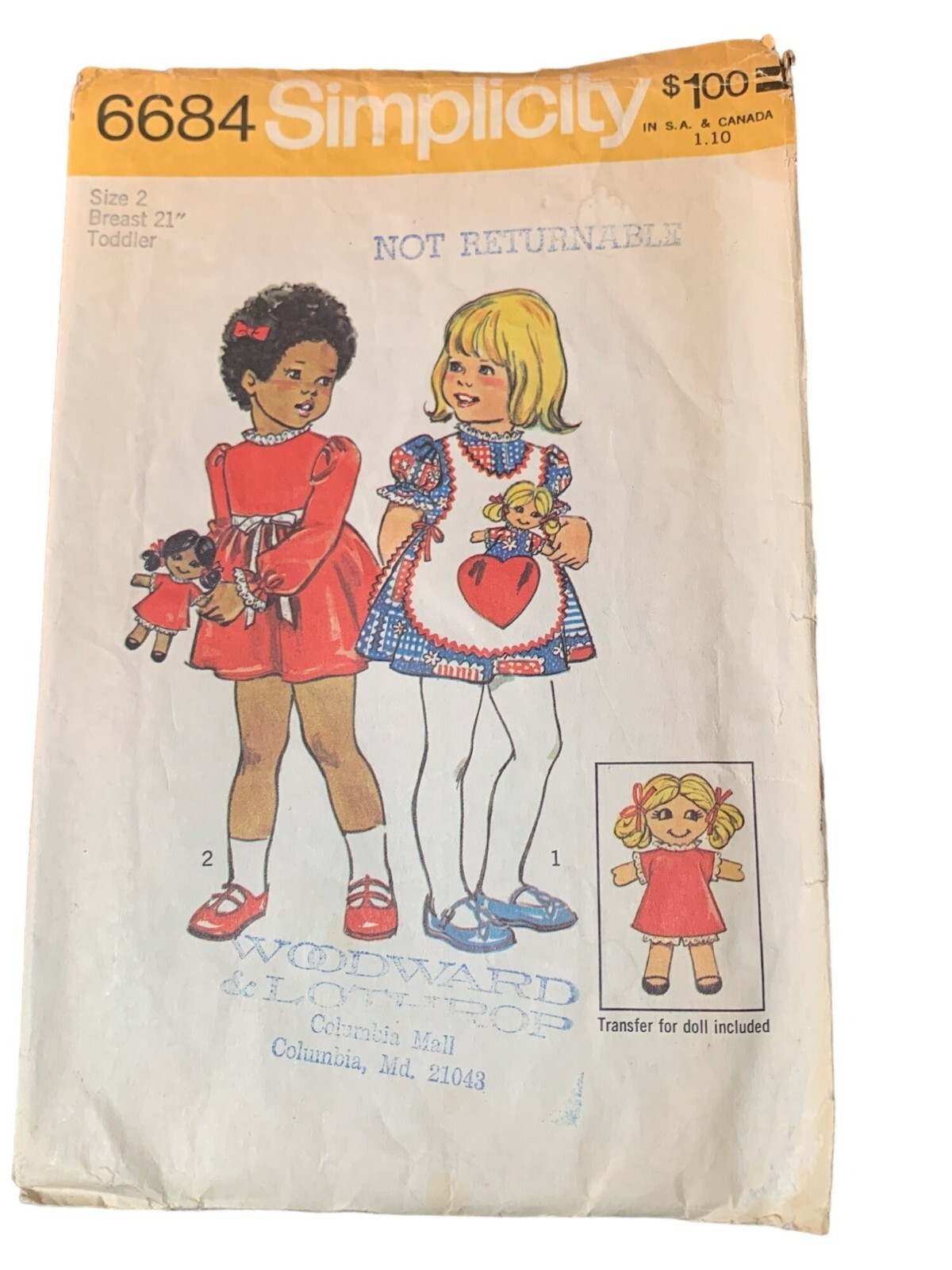 Simplicity 6684 Vintage 1974 Toddler Doll Transfer Sewing Pattern Size 2