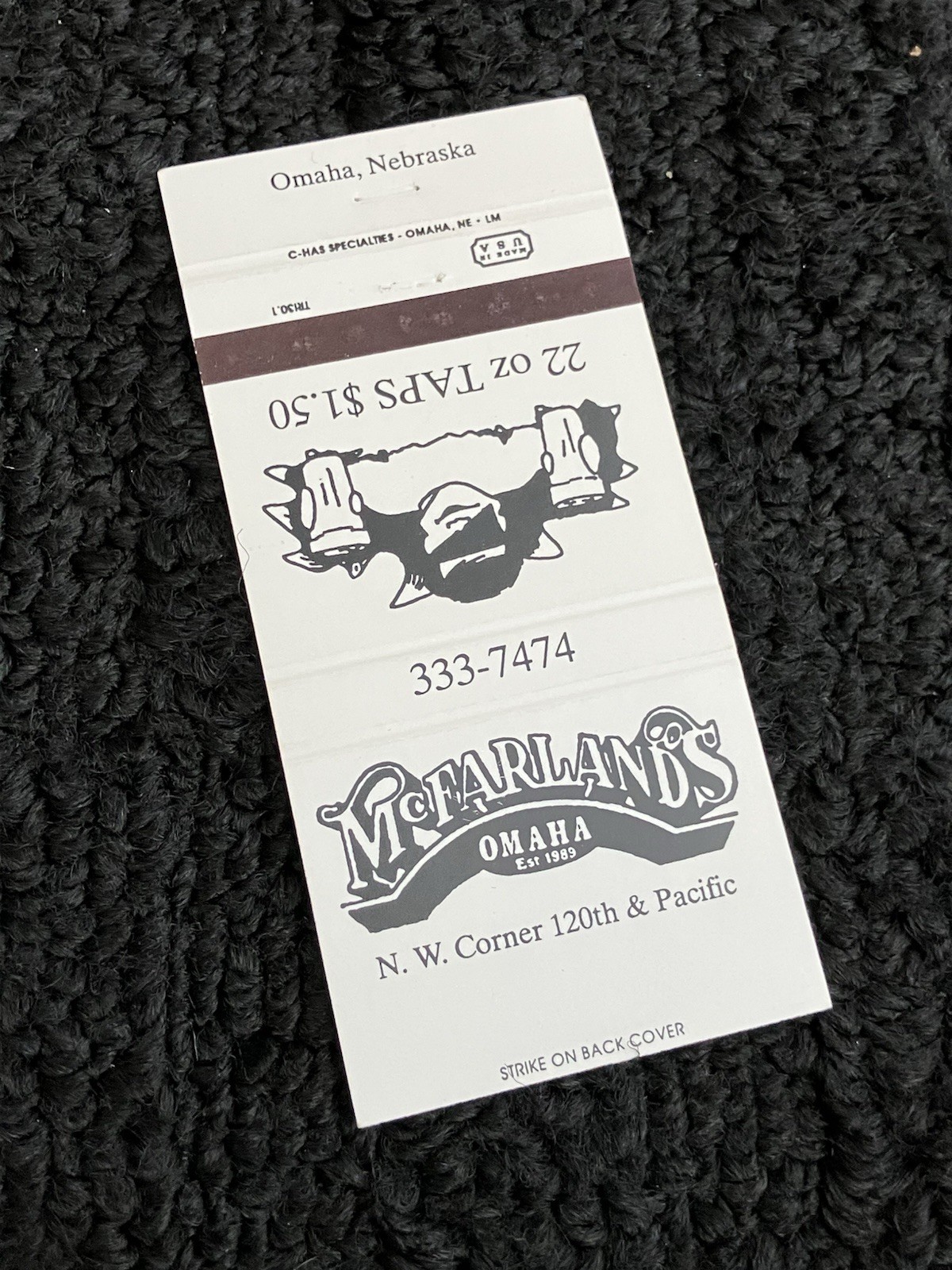 Vintage Nebraska Matchbook “McFarland’s - Est 1989” Omaha