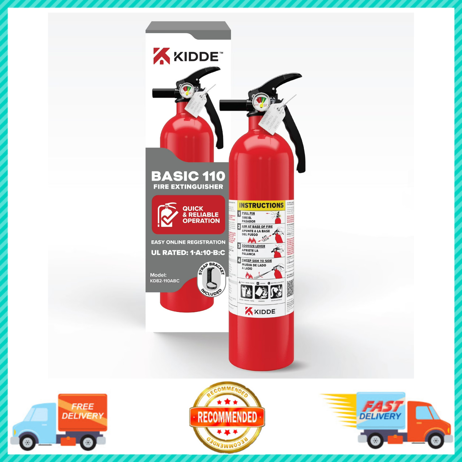 Kidde Basic Fire Extinguisher for Home Safety, Residential 1A10BC, 2.5 lbs