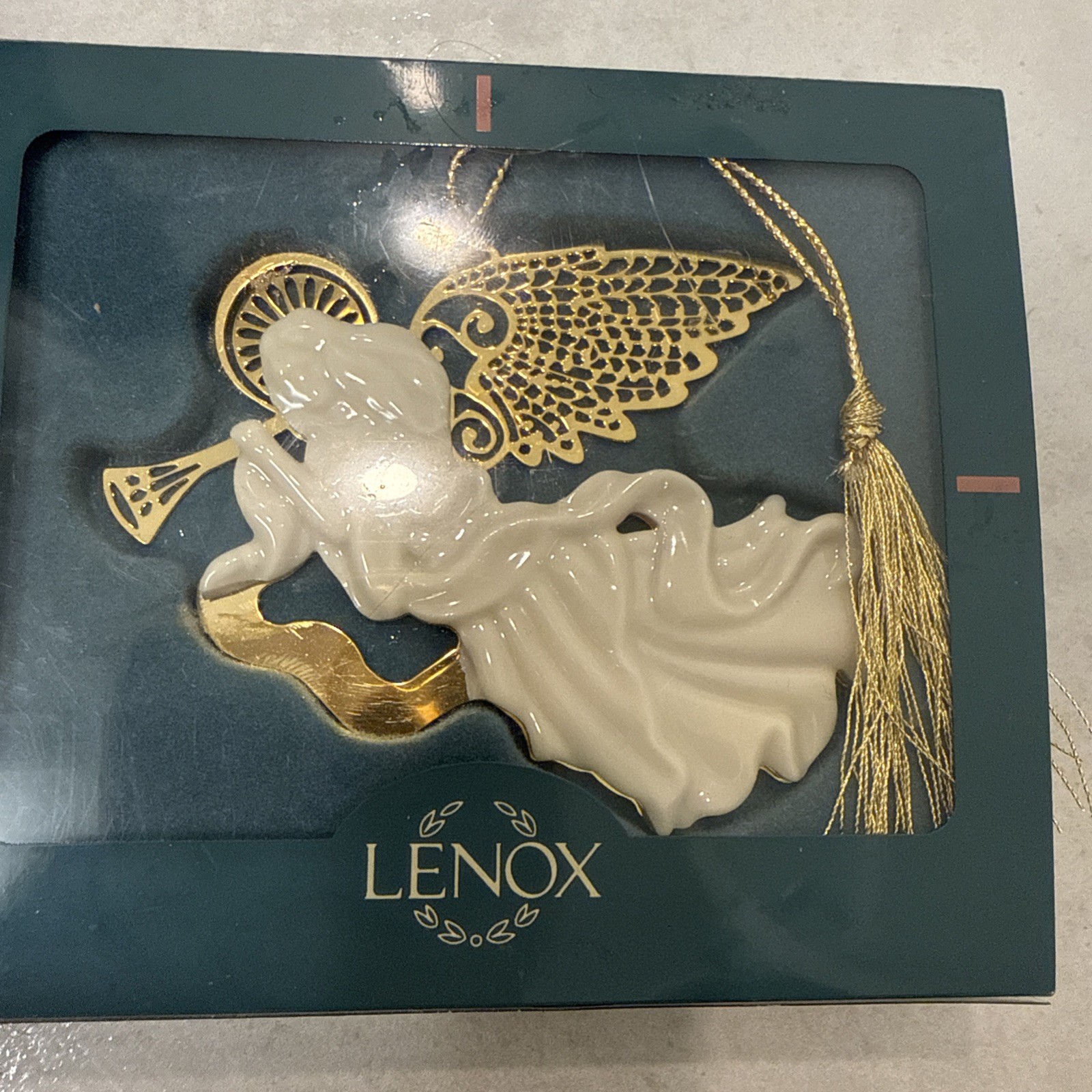 Lenox Christmas Ornament Porcelain Angel with Gold Wings & Gold Trumpet Boxed Lenox Christmas Ornament Porcelain Angel with Gold Wings & Gold Trumpet Boxed