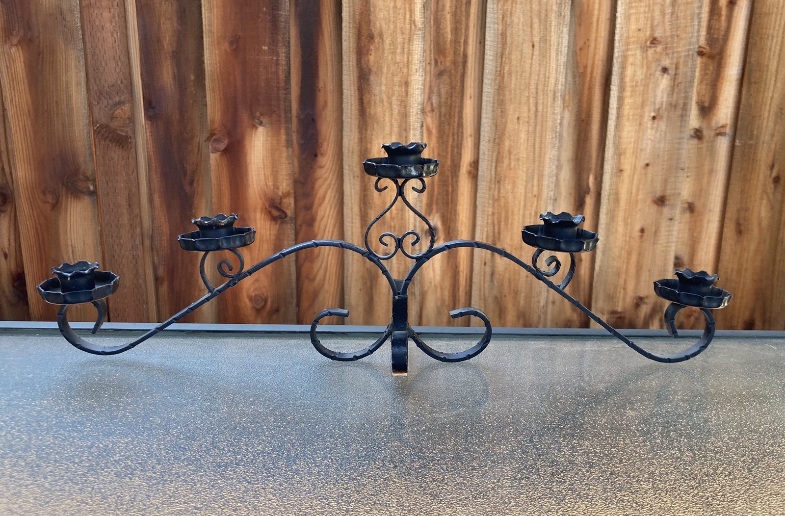 Vntg MCM Spanish Brutalist Gothic Wrought Iron Five Candle Holder Table Sconce