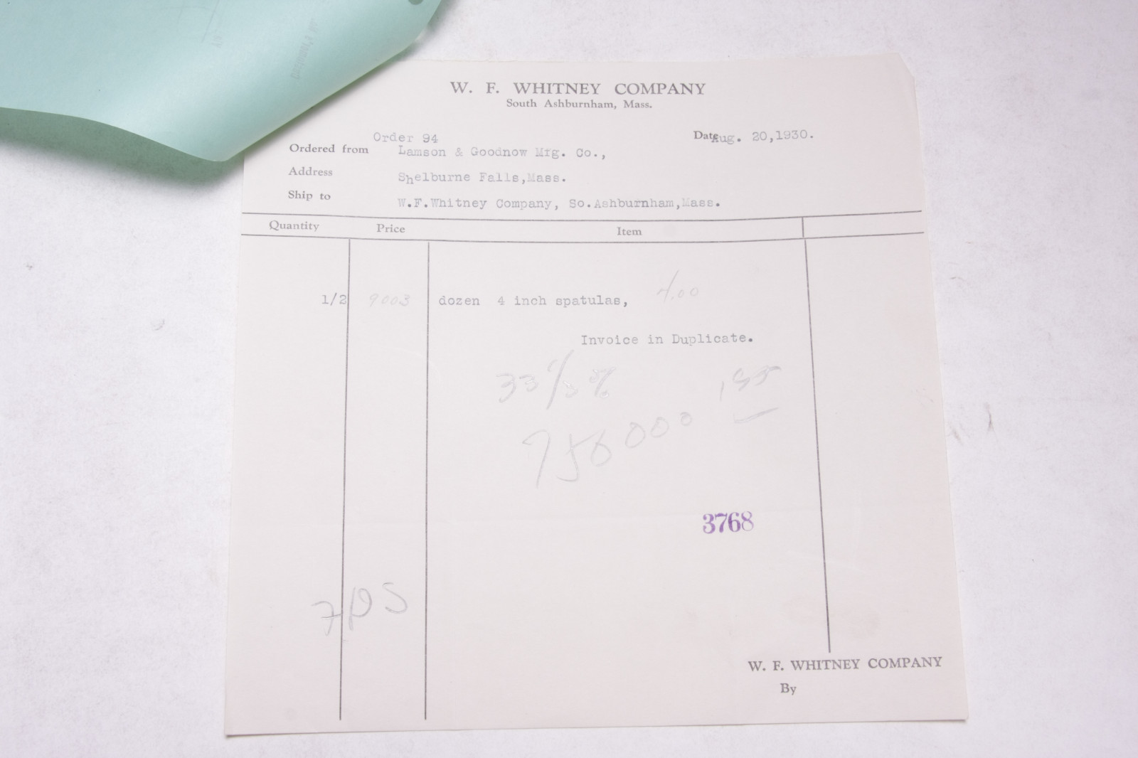 1930 Lamson Goodnow W F Whitney Co So Ashburnham MA Order Ephemera P359E 1930 Lamson Goodnow W F Whitney Co So Ashburnham MA Order Ephemera P359E