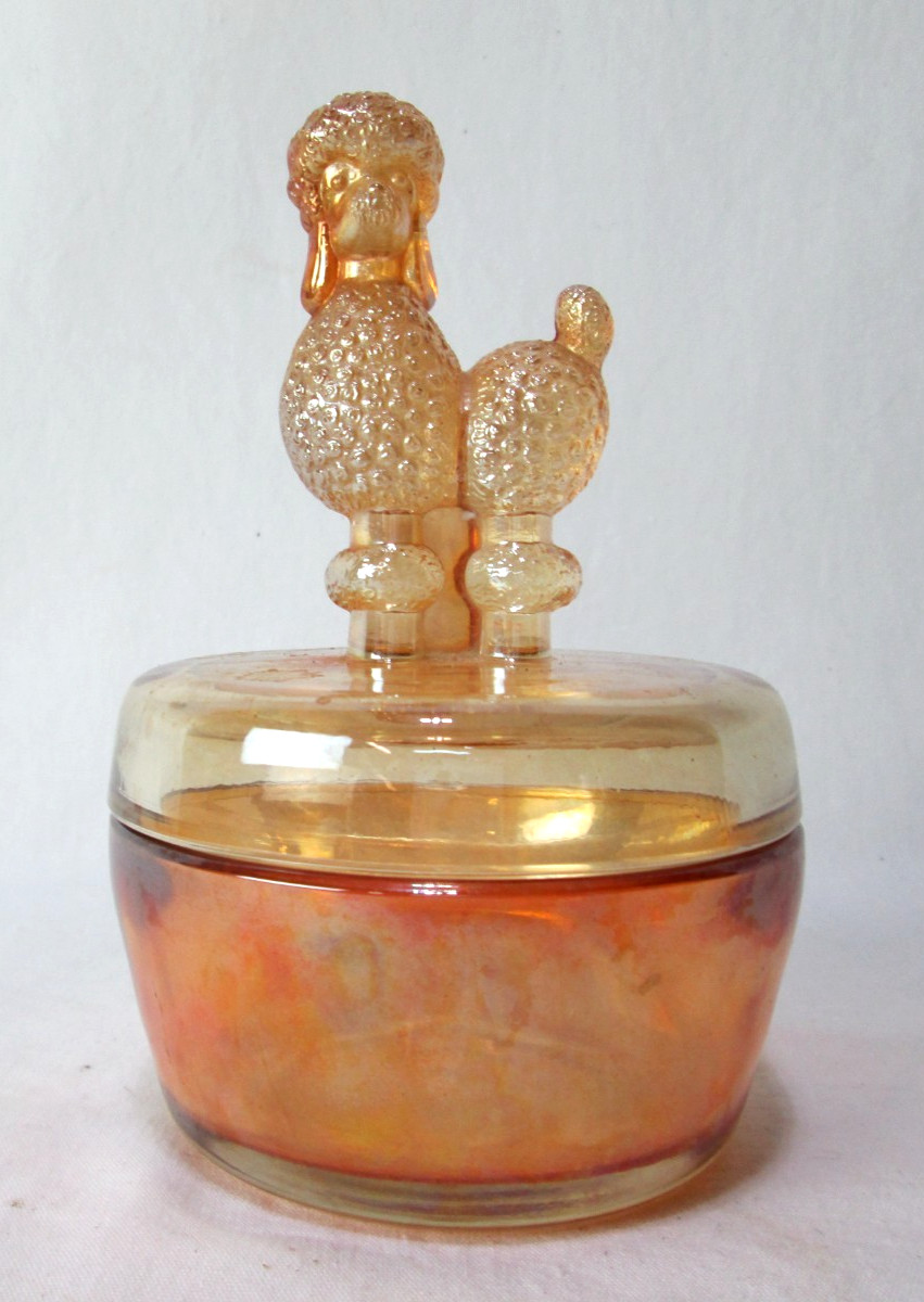 Vintage 1950s Jeannette Marigold Carnival Glass POODLE DOG TRINKET POWDER BOX