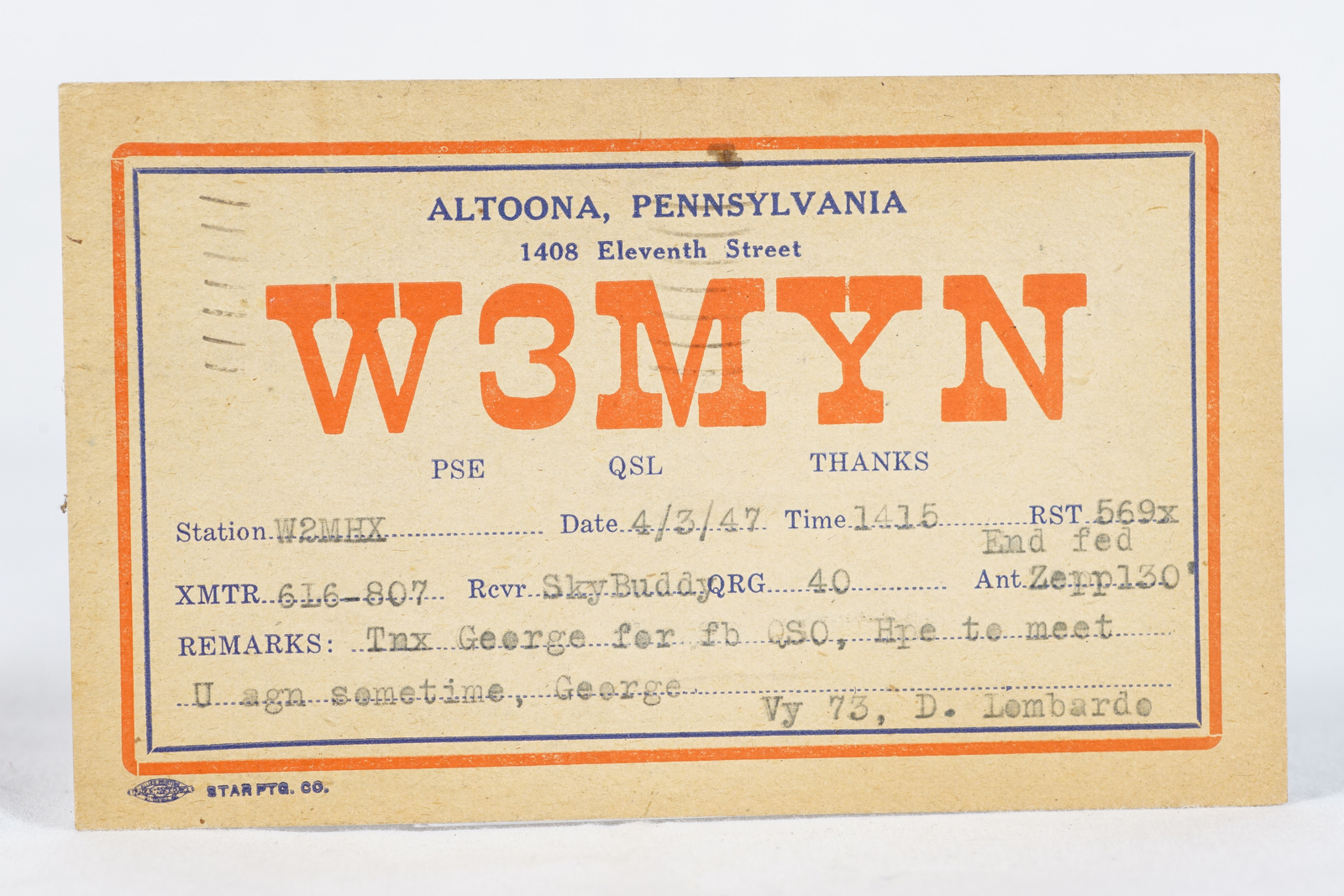 1947 Amateur Ham Radio QSL Card Altoona PA W3MYN D. Lombarde