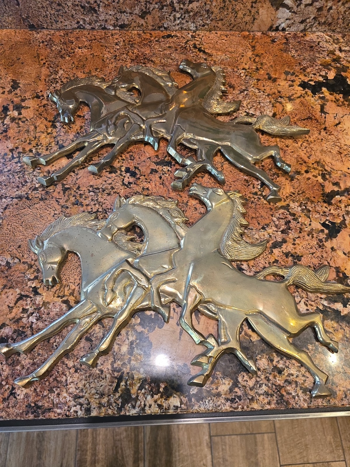 Vtg Set Of 2 Running Wild Horses *Solid  Brass* Wall Hangings 16x10\