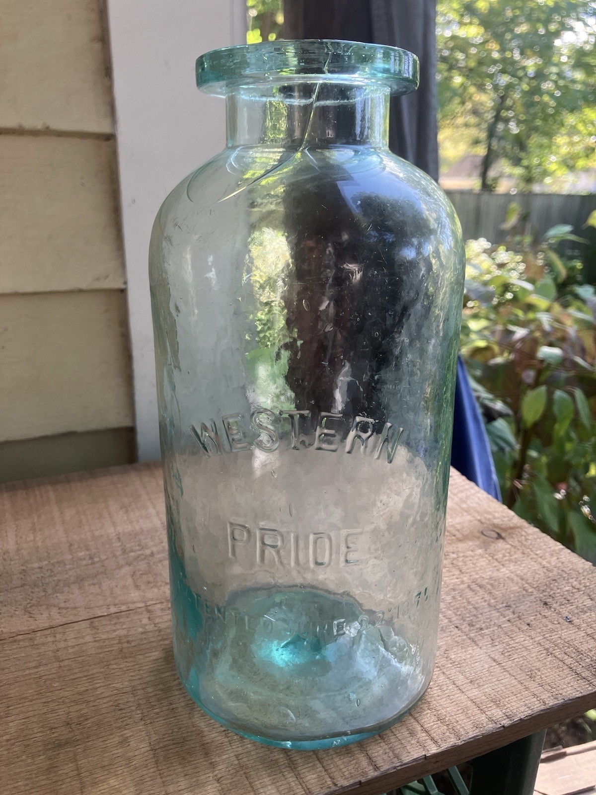 Antique WESTERN PRIDE Canning Jar Pat’d June 22 1875 Aqua Blue Glass Star