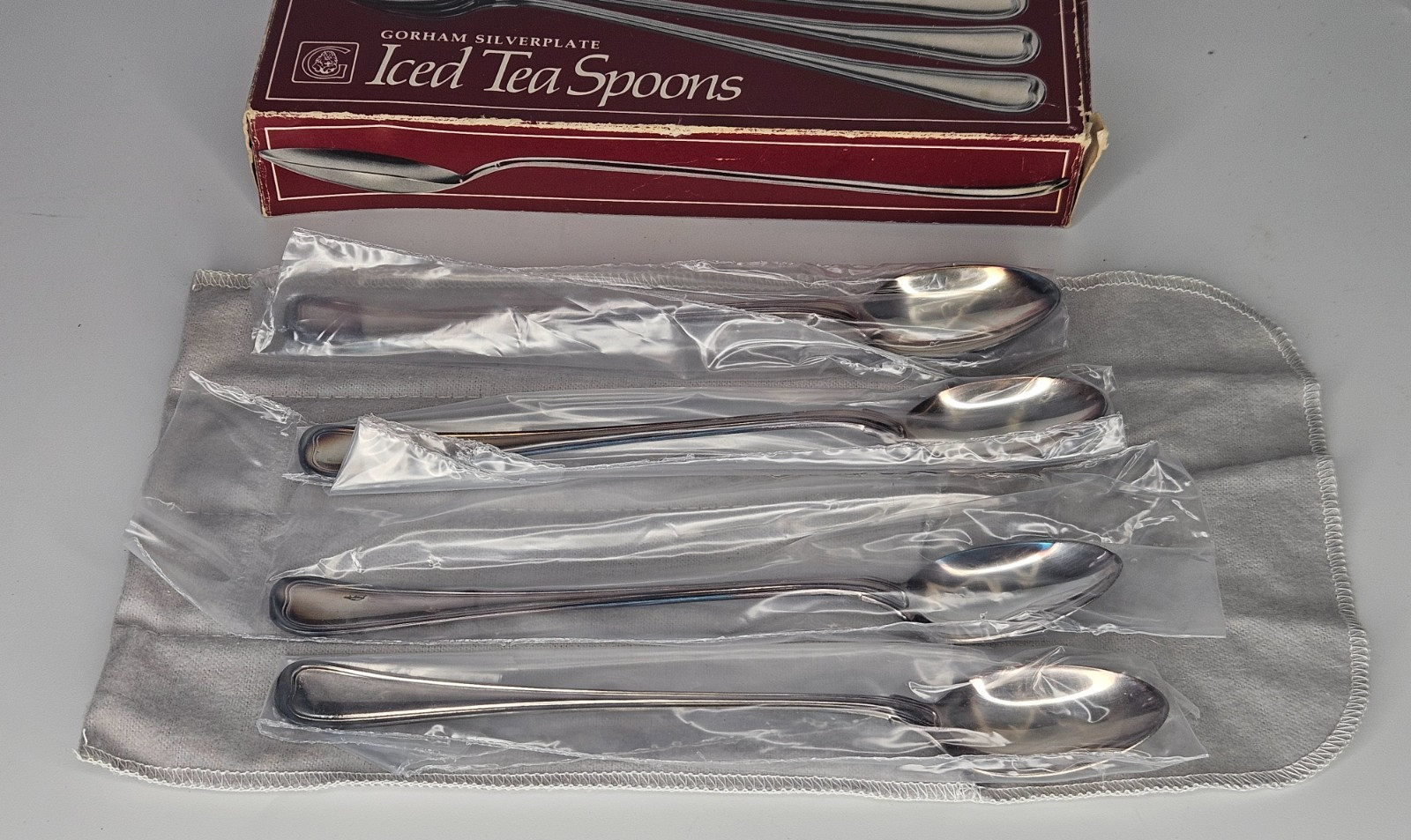 Gorham Old French?? Set of 4 Iced Tea Spoons Silver Plate Flatware NOS Box