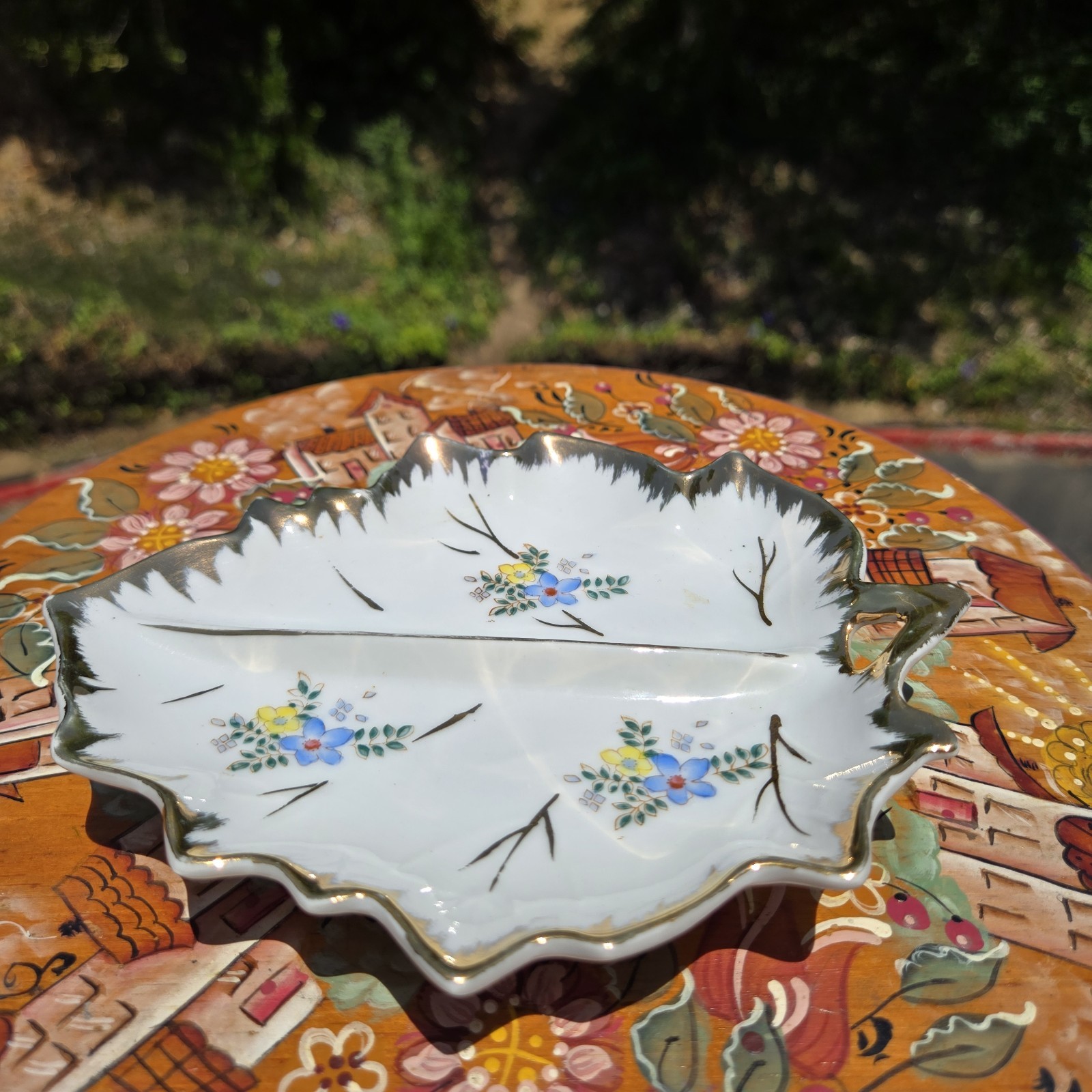 Vintage Porcelain Leaf Trinket Dish Floral Divided Candy Nut Tray Gold Trim Gilt