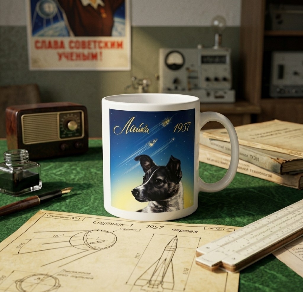 Retro Laika Space Dog Ceramic Mug 11oz - USSR Soviet Space Program 1957 Vintage