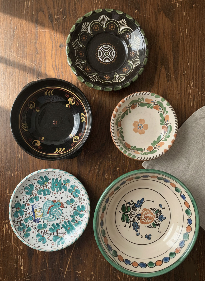5pc Vintage Hungarian Folk Art Ceramic Plates - Hand Painted Floral Pottery