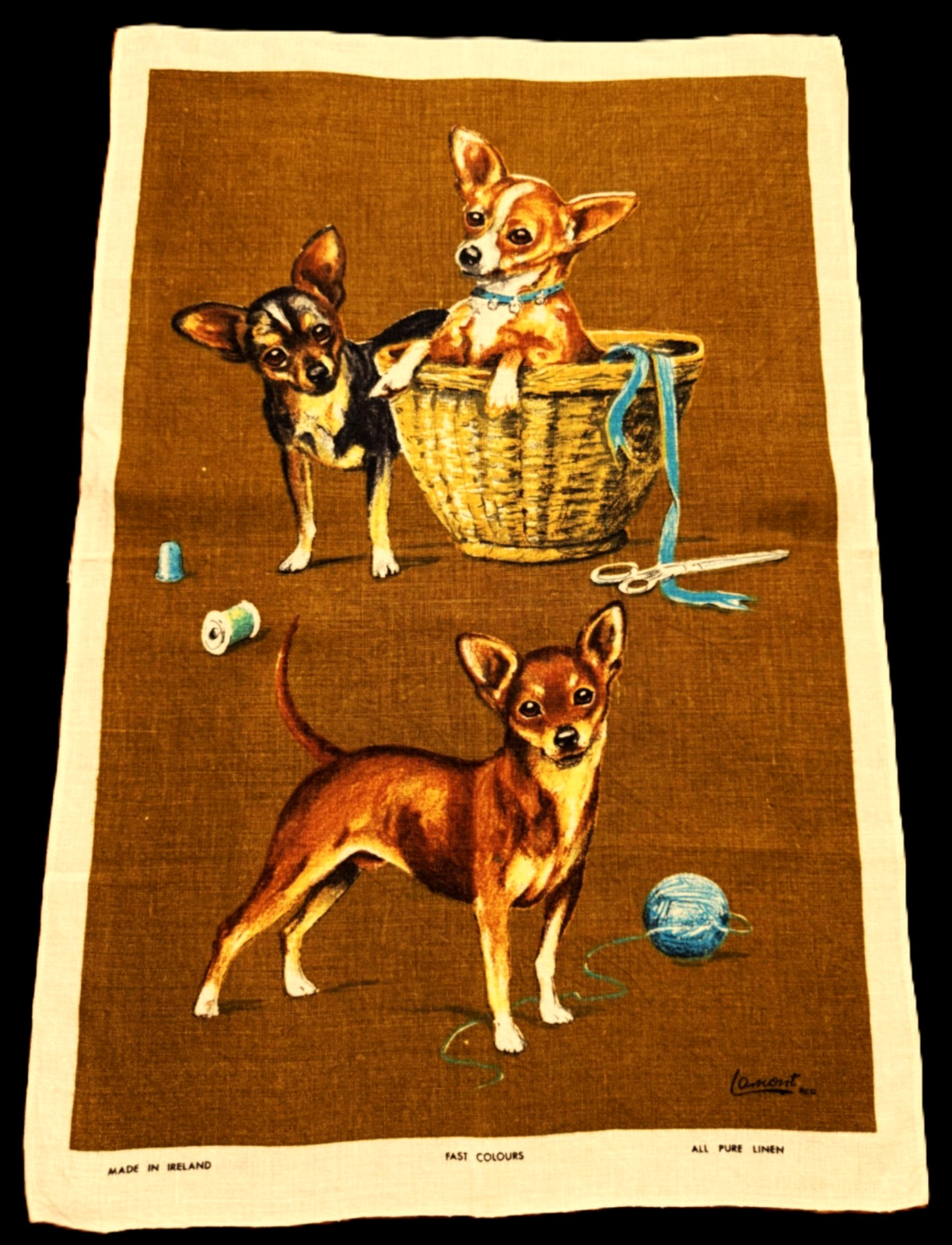NWOT 60s Vtg. Lamont Irish Linen Tea Towel Wall Art CHIHUAHUA PUPS